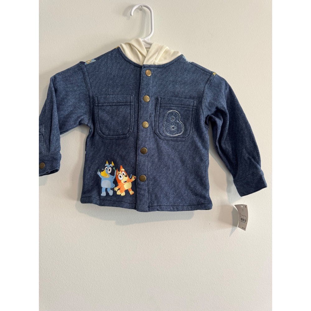 Bluey Hooded Jacket denim look Toddler 2T Blue Guitar Print‎ Snap Front boy girl